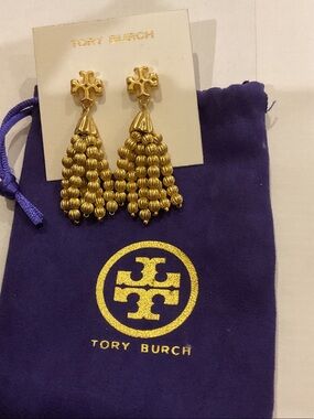 Tory Burch Gold Beaded Tassel Drop Earrings